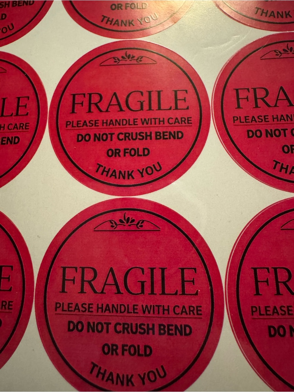 ★ 48 Fragile Thank You Warning Stickers Round Red Shipping Labels